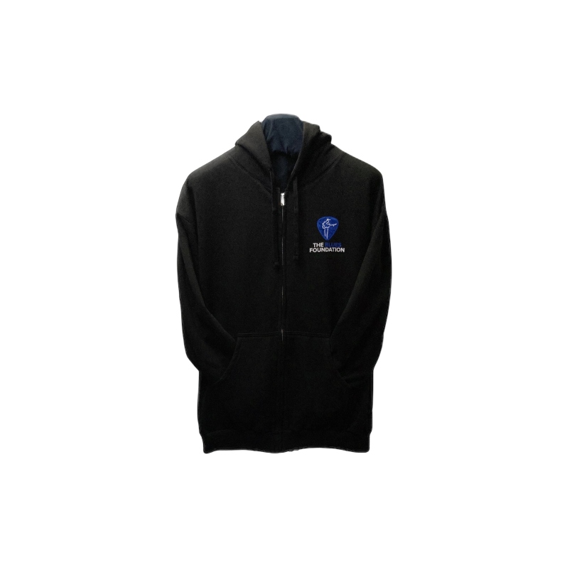 Product Description: Heavy weight black Tultex zip up hoodie with Blues Foundation logo on front and Blues Hall of Fame guitar logo on back.</br></br>8.0 ox. fleece of 80 % ring-spun cotton/20 % polyester in a reactive-dyed for longer lasting color. Jersey-lined hood and roomy front pockets.</br> BF Zip Up Hoodie w/ BHOF Guitar